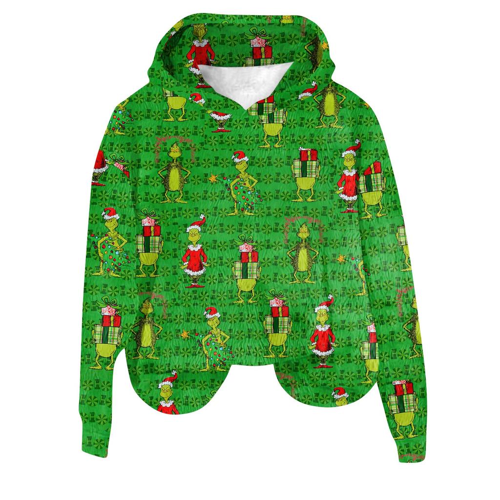 Women's Hooded Long Sleeve Christmas Printed Flannel Top Hooded Sweatshirt