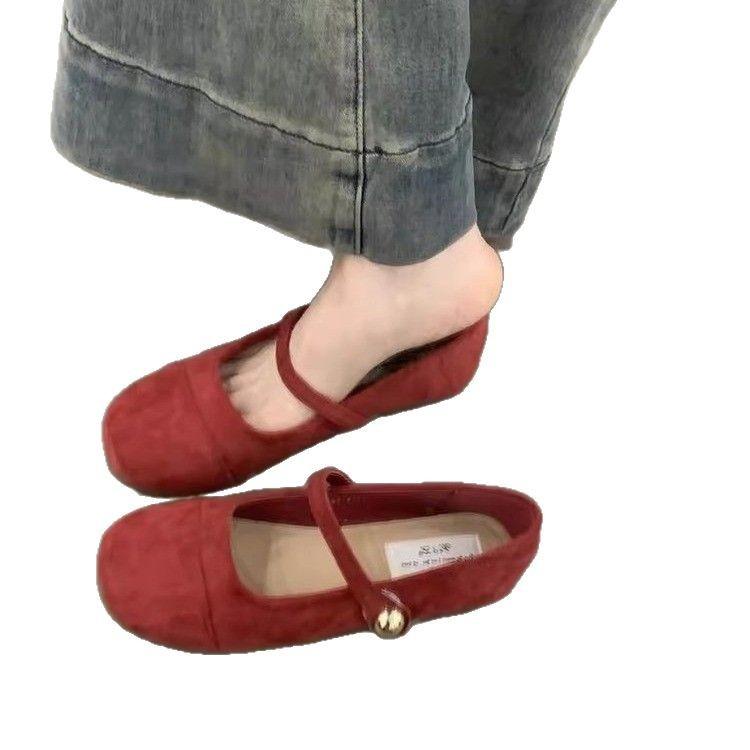 French Retro Light Mouth Red Single Shoes Female 2025 Spring New Gentle Fairy Suede Mary Jane Flat Women's Shoes