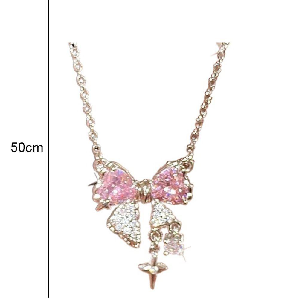 Star Shape Rhinestone Pendant Sweet Clavicle Chain Elegant Pink Bow Necklace  Jewelry