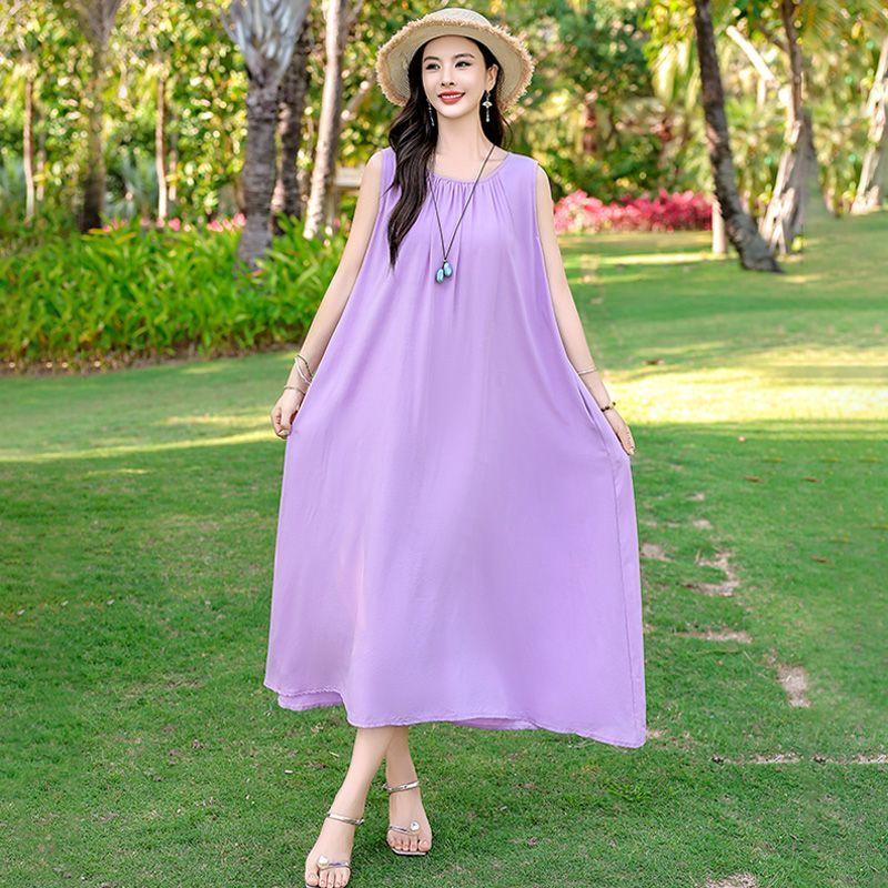 Sleeveless Cotton Dress Summer Loose Plus Size Slimming Vest Vacation Long Dress Elegant Beach