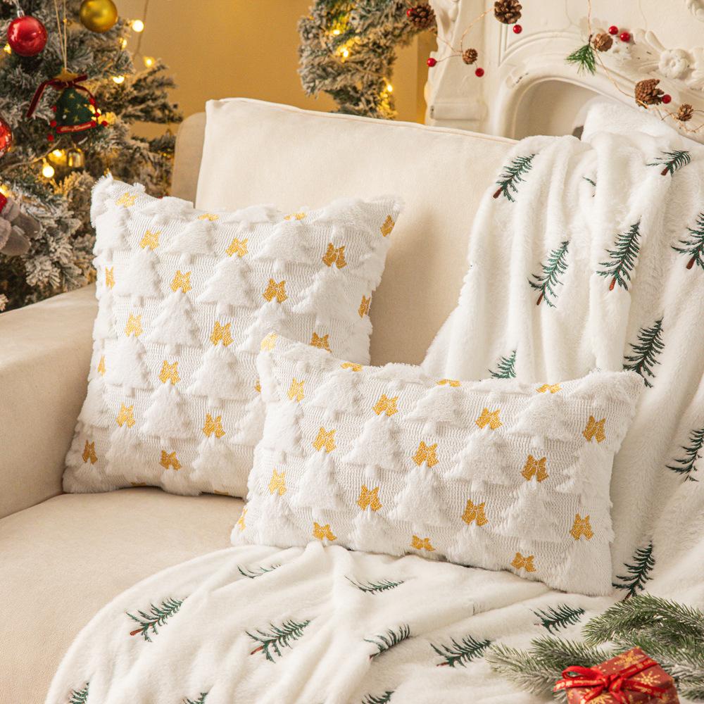 

Christmas Tree Bow Embroidered Throw Pillowcase Living Room Sofa Cushion Cover Christmas Atmosphere Decoration Plush Pillowcases 30x50cm