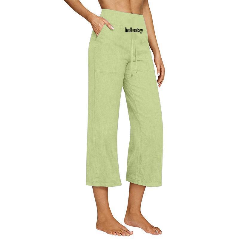 2026 New Women s High-Waisted Cotton Linen Wide-Leg Pants with Lace-up Medium