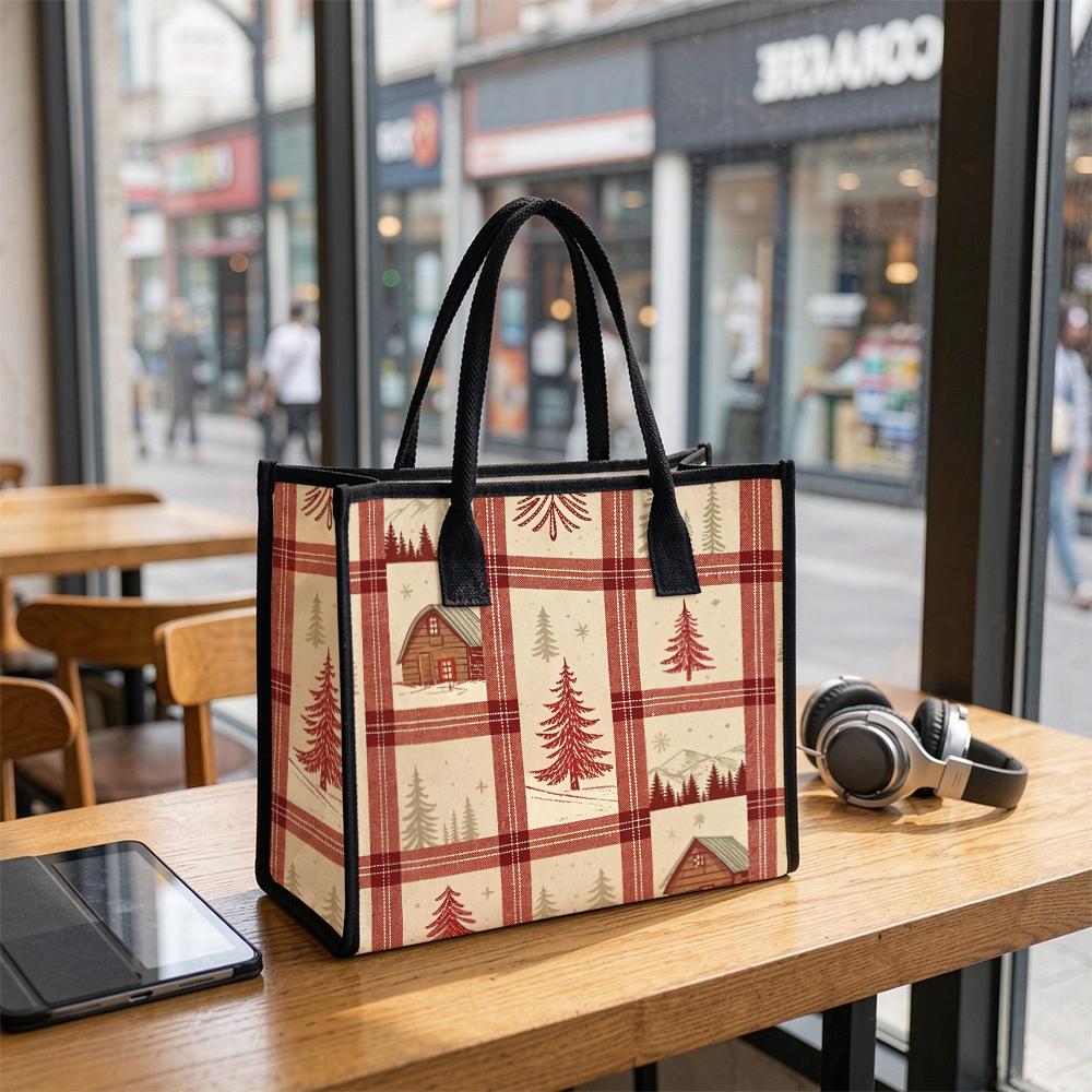 Christmas Plaid Tote Bag Winter Tree Cabin Print Large Handbag for Daily Shopping Travel Work Use