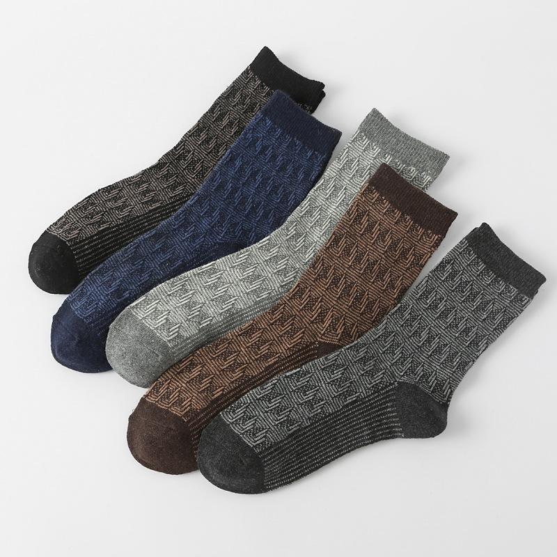 5/10 Pairs Autumn Winter Thickened Warm Socks Men's Retro Ethnic Style Small Diamond Wool Socks Mid Calf Socks Comfortable