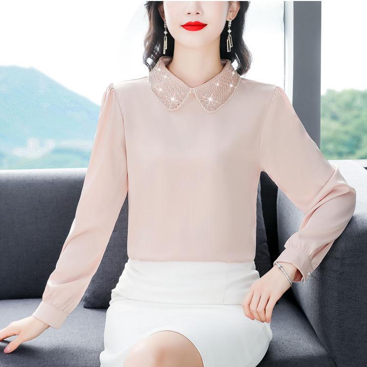 Elegant Rhinestone Long Sleeve Shirt Loose Fit Women Blouse Spring Autumn Trendy Plus Size Top Slimming