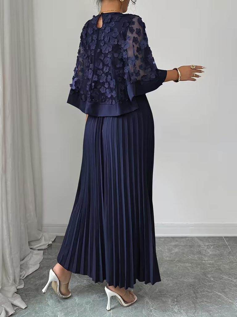 Women's Elegant 3D Floral Mesh Patchwork A-Line Dress with Pleated Skirt