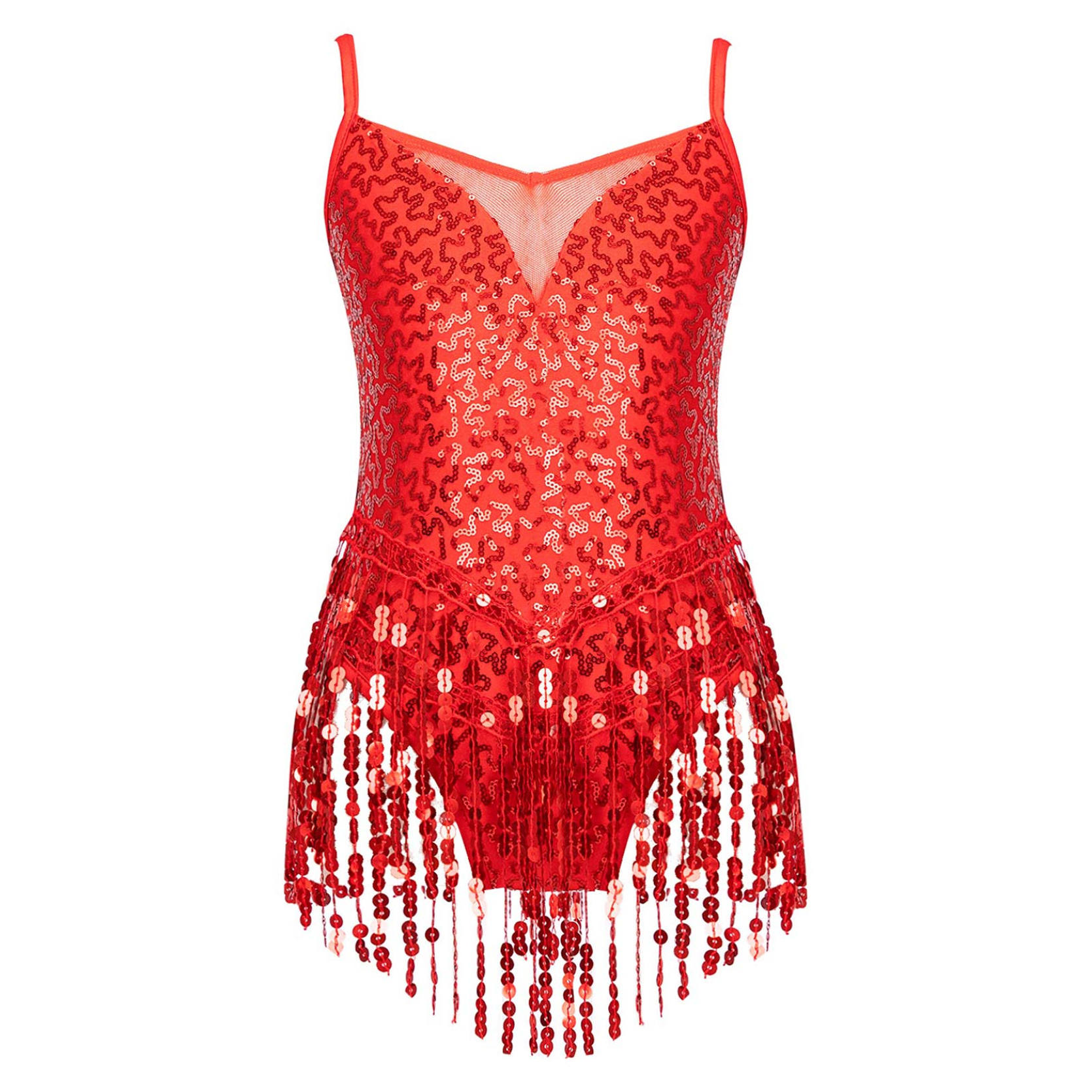 

Комбинезон без рукавов с v-образным вырезом и блестками и кисточками для латинских танцев, сценические костюмы 5-6 Years красный