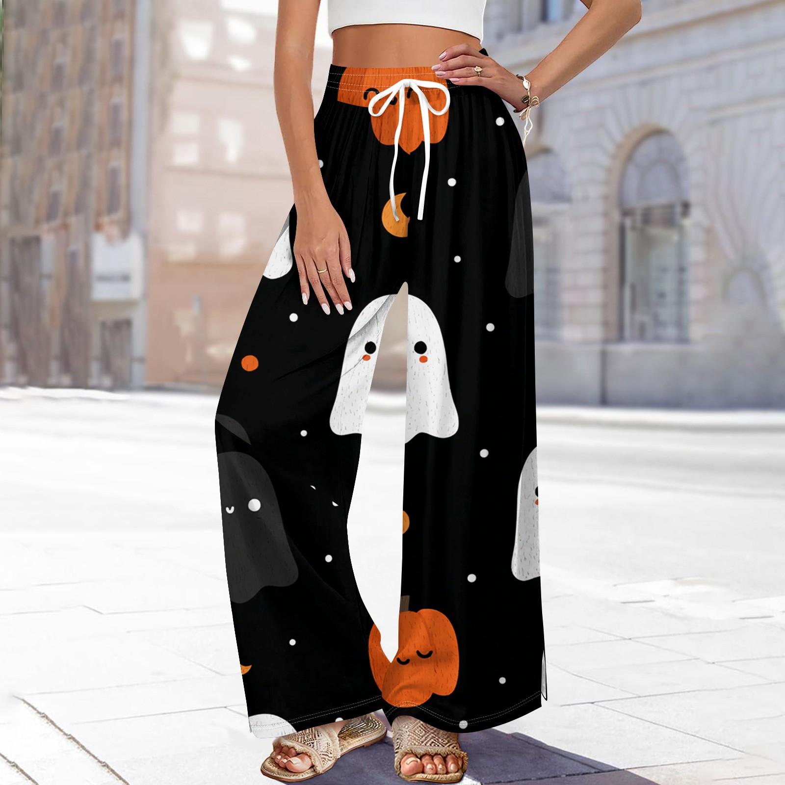 

Женские повседневные модные брюки прямого кроя с широкими штанинами, эластичной талией на кулиске, карманами и принтом на Хэллоуин XL чёрный