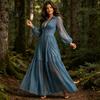 Comfortable Women Dress Faux Denim Maxi Dress, Mesh Patchwork Long Sleeve Button Down Shirt Casual Loose Vintage Summer Versatile