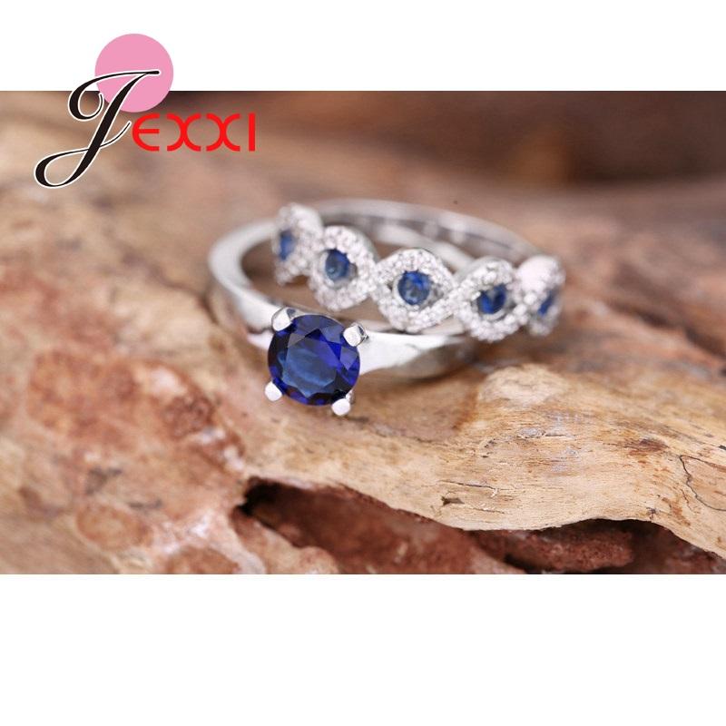 New Blue Cubic Zirconia Bridal Wedding Ring Sets For Women Fashion Bands 925 Sterling Silver Engagement Promise Ring Set