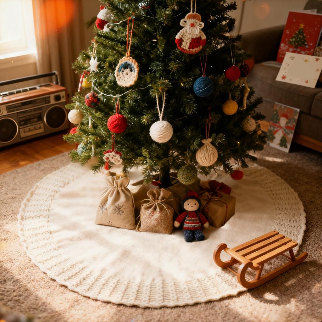 Knit Christmas Tree Skirt, Cable Knit Tree Skirt, Rustic Tree Skirt Decoration, Suitable For Christmas Trees, Foldable And Reusable