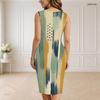 Women Plus Size V Neck Sleeveless Blue Gold Printed Bodycon Midi Dress