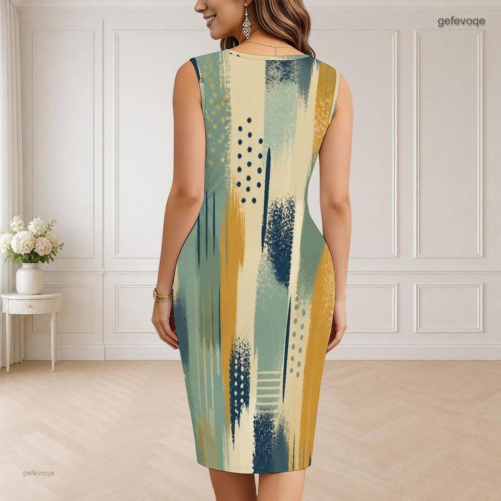 Women Plus Size V Neck Sleeveless Blue Gold Printed Bodycon Midi Dress