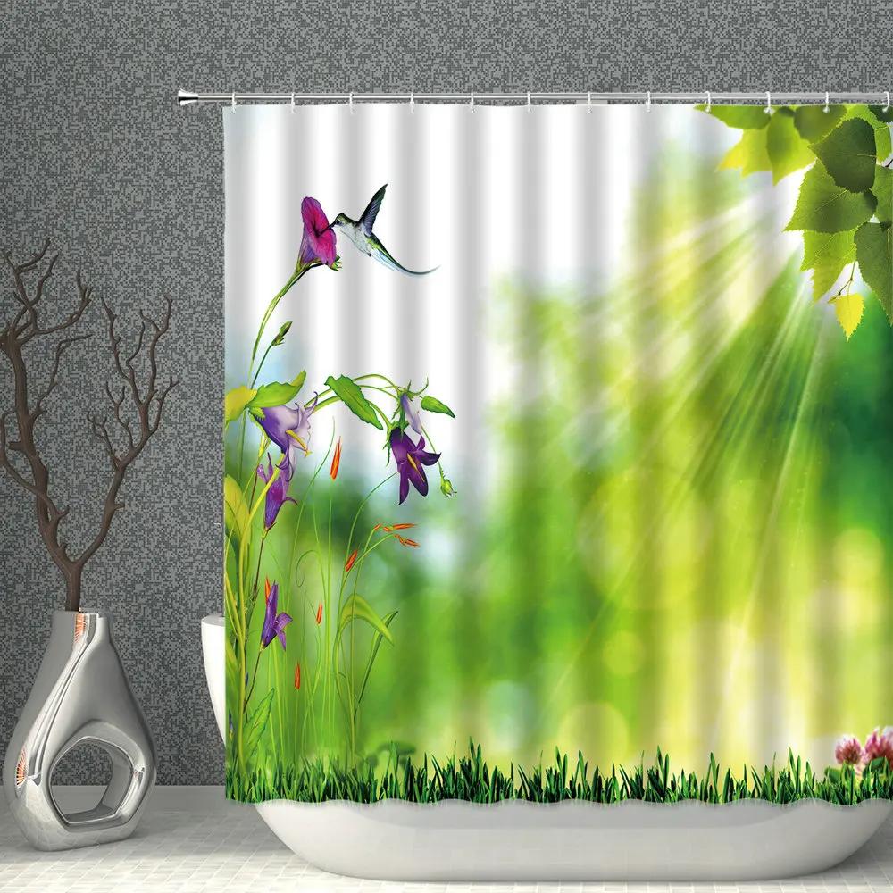 Chinese Flower And Bird Shower Curtain Green Plant Waterproof Cloth Polyester Bathroom  Curtains Home Suit With Hook