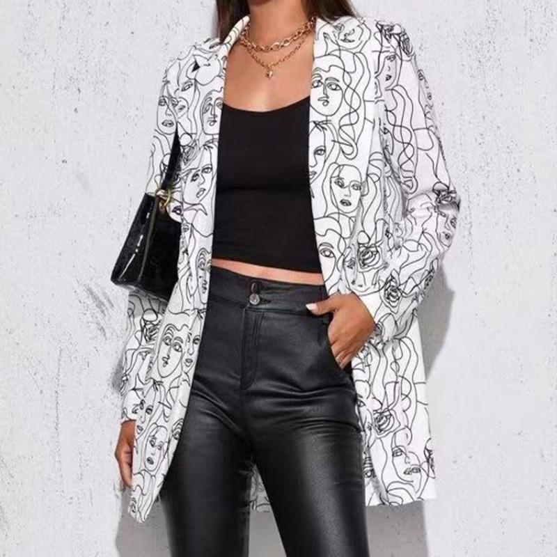 Autumn Winter Hipster Street Style Printing Blazer Women Long Sleeve Trend Fashion Cardigan Suit Button Top