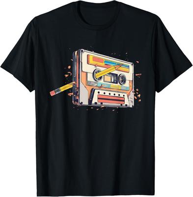 Cassette Tape Pencil Vintage 70s 80s 90s Music Graphic T-Shirt Soft Cotton Short Sleeve Tee
