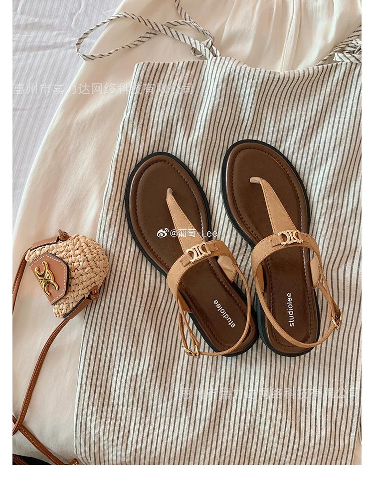 

Sheepskin~ Grape Mom retro T-word with holiday style metal buckle foot sandals women s summer wear herringbone cool slippers 35