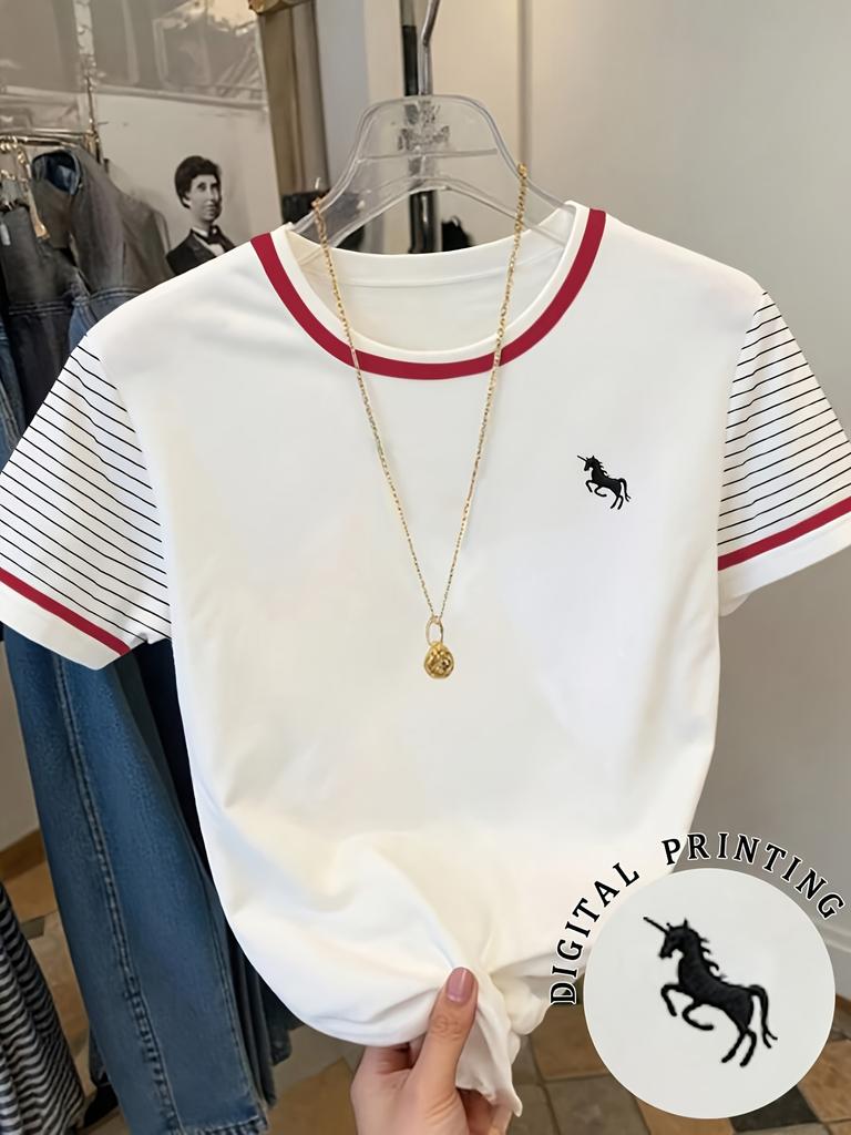 Tricou retro cu dungi și mânecă scurtă pentru femei, top de vară larg și casual cu gât rotund brodat