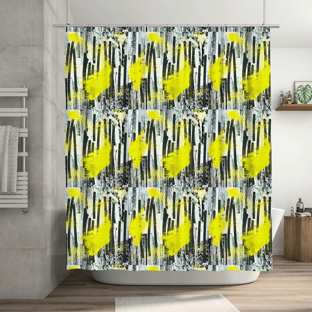 Modern Abstract Shower Curtain Artistic Black Yellow Splash Waterproof Bathroom Decor Set Vintage Textured Fabric Backdrop
