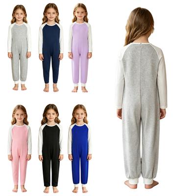 Unisex Kinder Colorblock Overall Rundhalsausschnitt Langarm Anti-Stripping Rücken Verdeckter Reißverschluss Adaptiver Body für Spezielle Bedürfnisse und Pflege