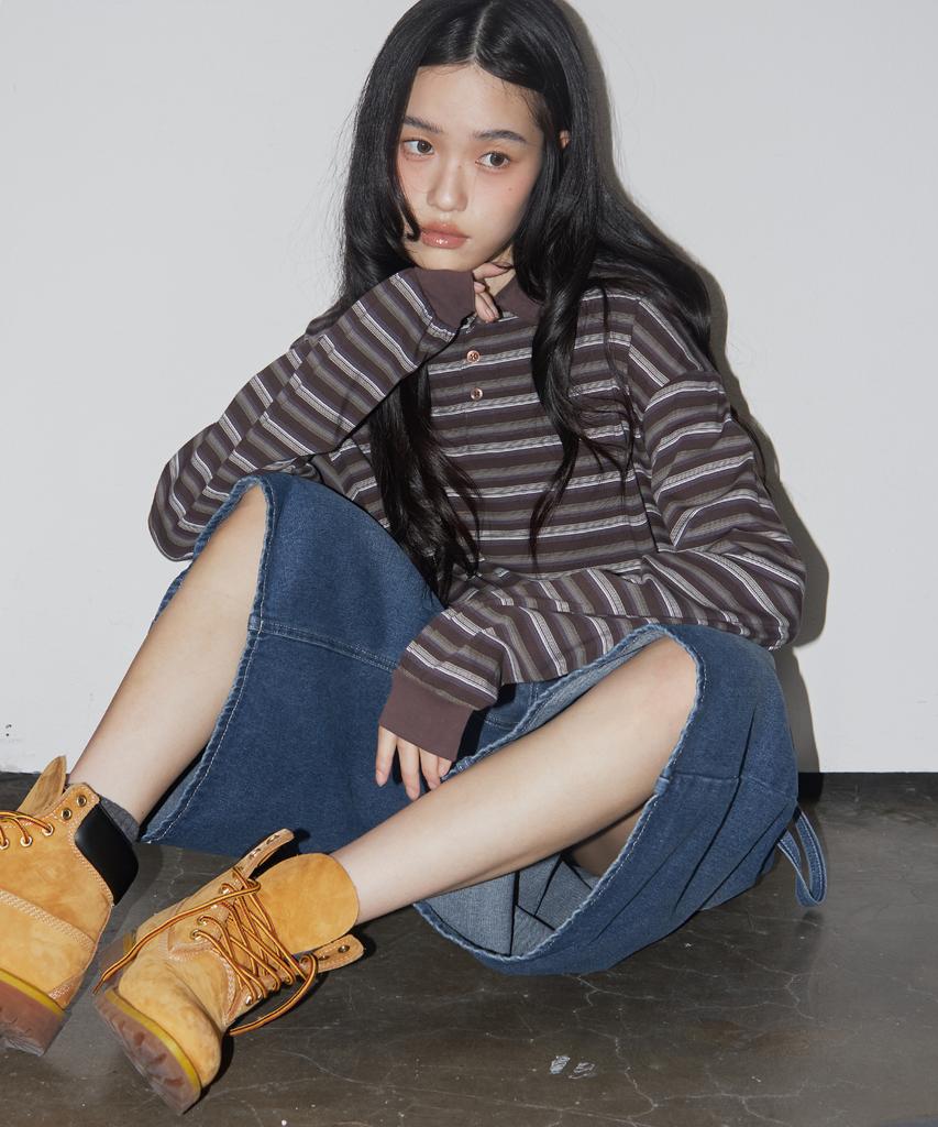 SOME PLACE Striped Multi-Stripe Oversized Long Sleeve Collared T-Shirt _2 Colors