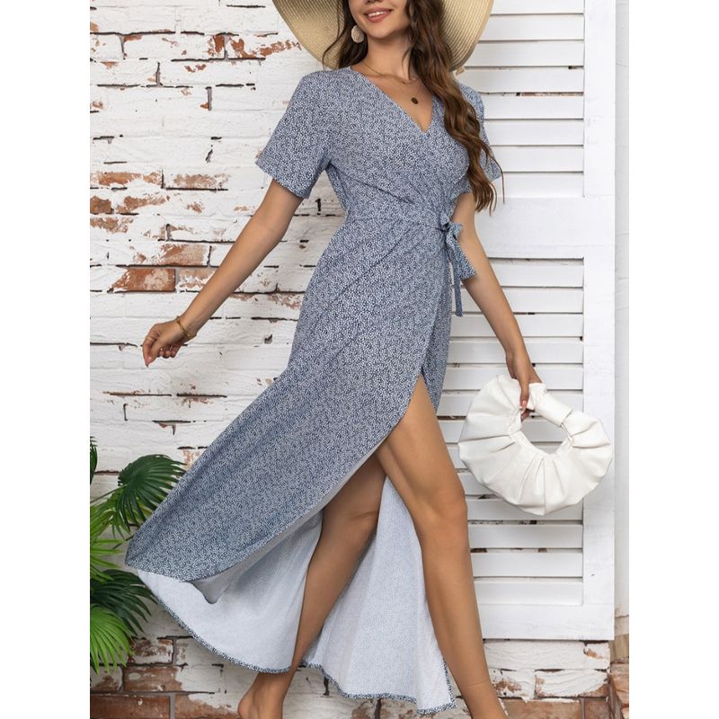Cross-Border Fashion Summer New V Neck Small Floral Sexy Slit Short Sleeve Dress Sanya Seaside Beach Dress