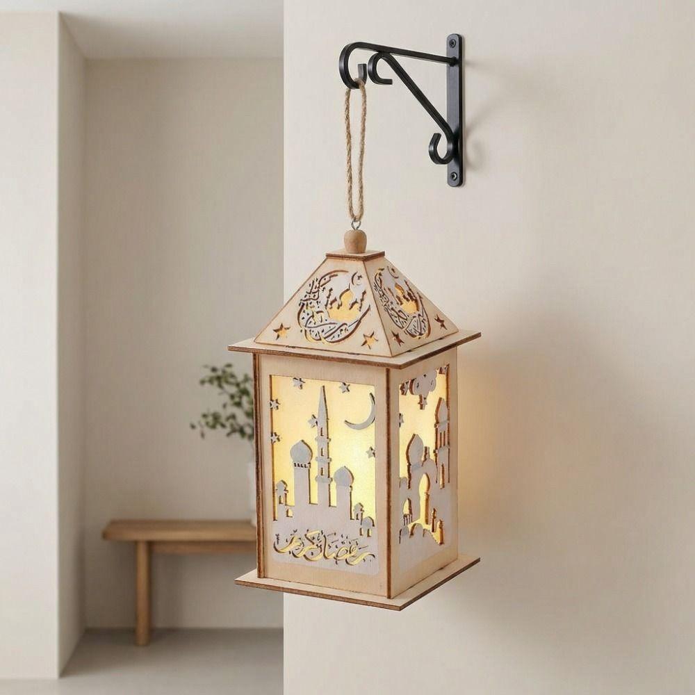 Wooden Ramadan LED Lantern Hollow Moon LED Lamp Portable Moroccan Wind Lantern  Ramadan Celebration