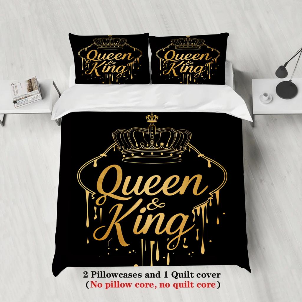 Queen And King Bedding Set Black Gold Crown Print Bedding With Duvet Cover & Pillowcases For Couples Bedroom