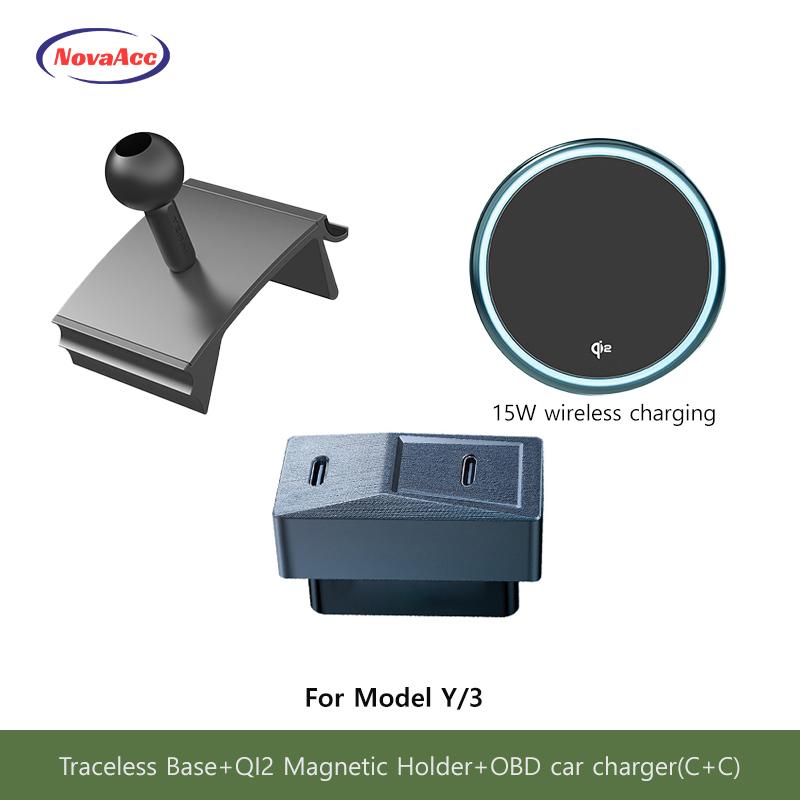 Auto Magnetischer Kabelloser Lade-Handyhalter Für Tesla Model Y Juniper Model 3 Highland 2021-2025 Transparente Basis OBD-Ladegerät
