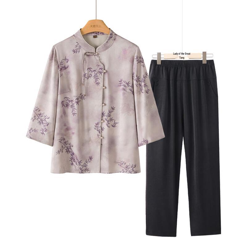 Women s Seven-Sleeve Stand-Collar Casual Shirt Set 4XL