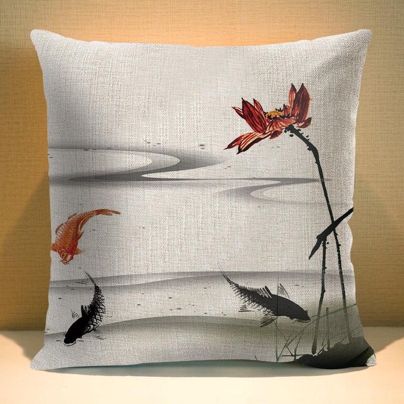 Chinese Ink Plant Pillow Case Flowers Xcm Square Decorative Cushion Cover for Sofa Home Printed Throw Polyester Pillowcase