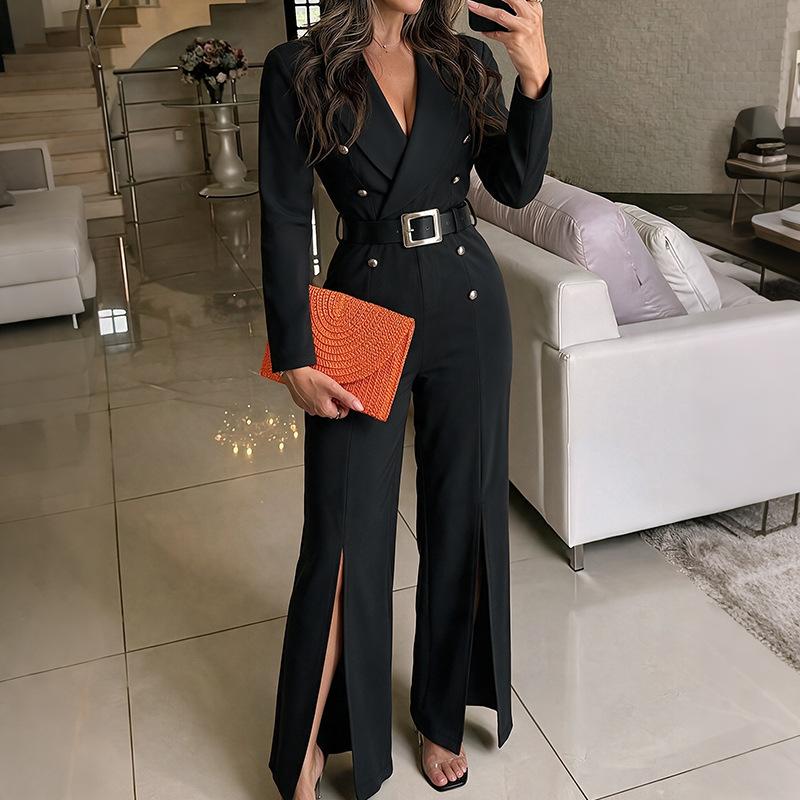 New Women's Autumn-winter Elegant Business Casual Outfit with High Waist and Belt Slit One-piece Pants