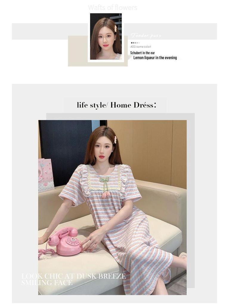 2026 Women's Sweet Casual Mid-Length Plus Size Striped V-Neck Short-Sleeve Nightgown