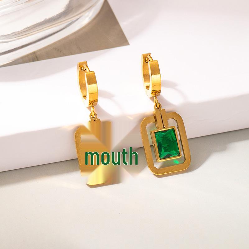 Minimalist Green Zircon Square Earrings, Geometric Heart Design, Titanium Steel Ear Pins, Light Luxury and Versatile Style.