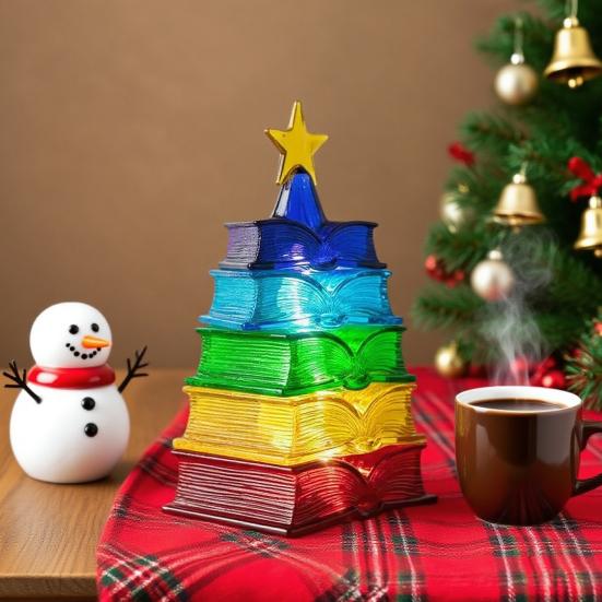 Multicolour Book Stack Ornament for Christmas Tree Stained Stacked Book Tree Shaped Suncatcher for Book Lovers Librarians Reader Bookworm Gifts
