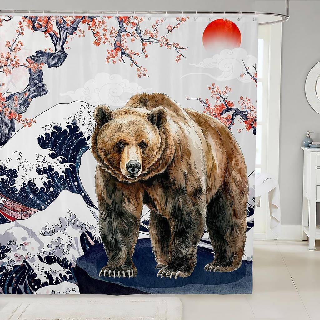 Cartoon Lion Shower Curtain for Kids Boys Girls Japanese Style Waterproof Bathroom Curtain, Vintage Ukiyoe Bath Curtain Ocean