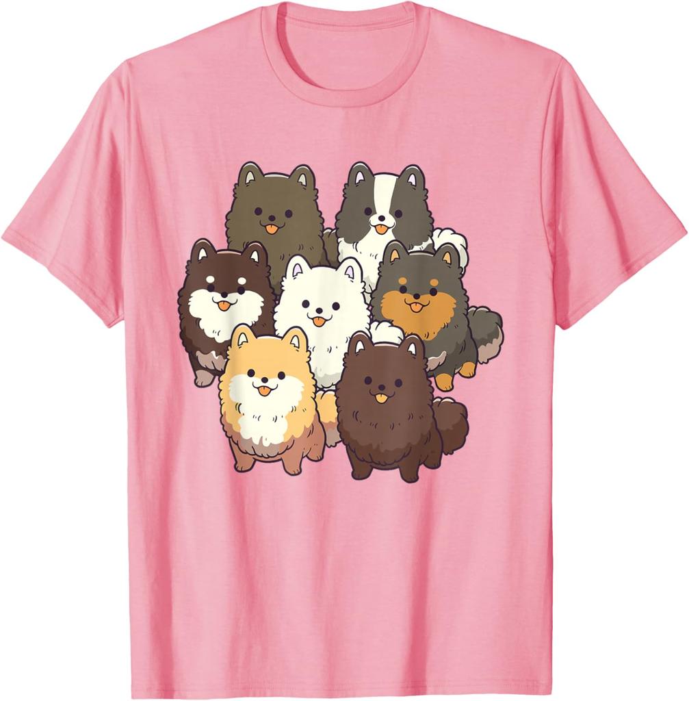 Cute Pomeranian Dog Group Cartoon Print Casual Cotton T-Shirt for Men Trip