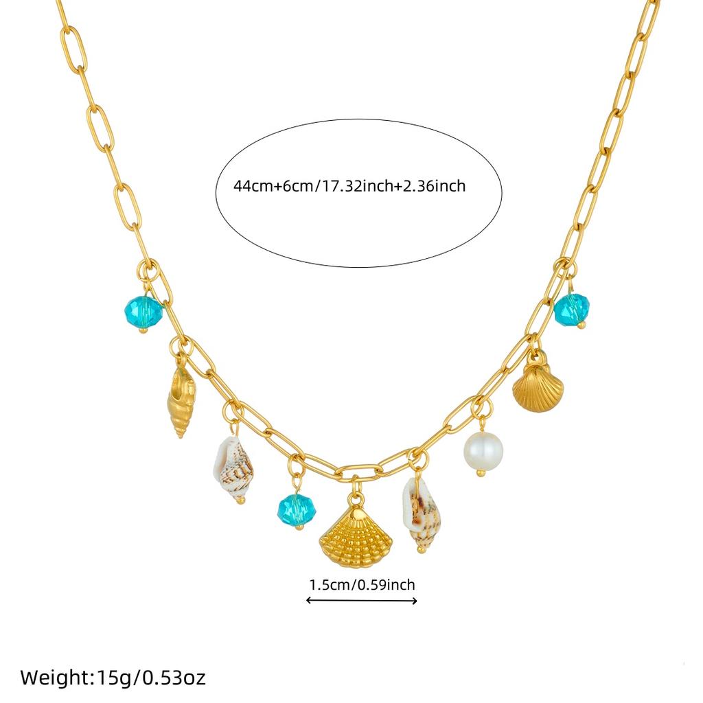 316L Stainless Steel Blue Crystal Shell Conch Pearl Pendant Necklace Women Fresh Ocean Style Neck Chain Jewelry Gifts