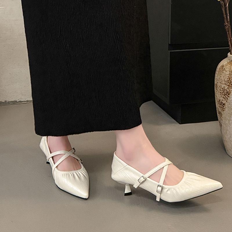 French Style Pointed Toe Mary Jane Shoes Women's Shallow Pleated Cross Strap Elegant Stiletto Leather Shoes