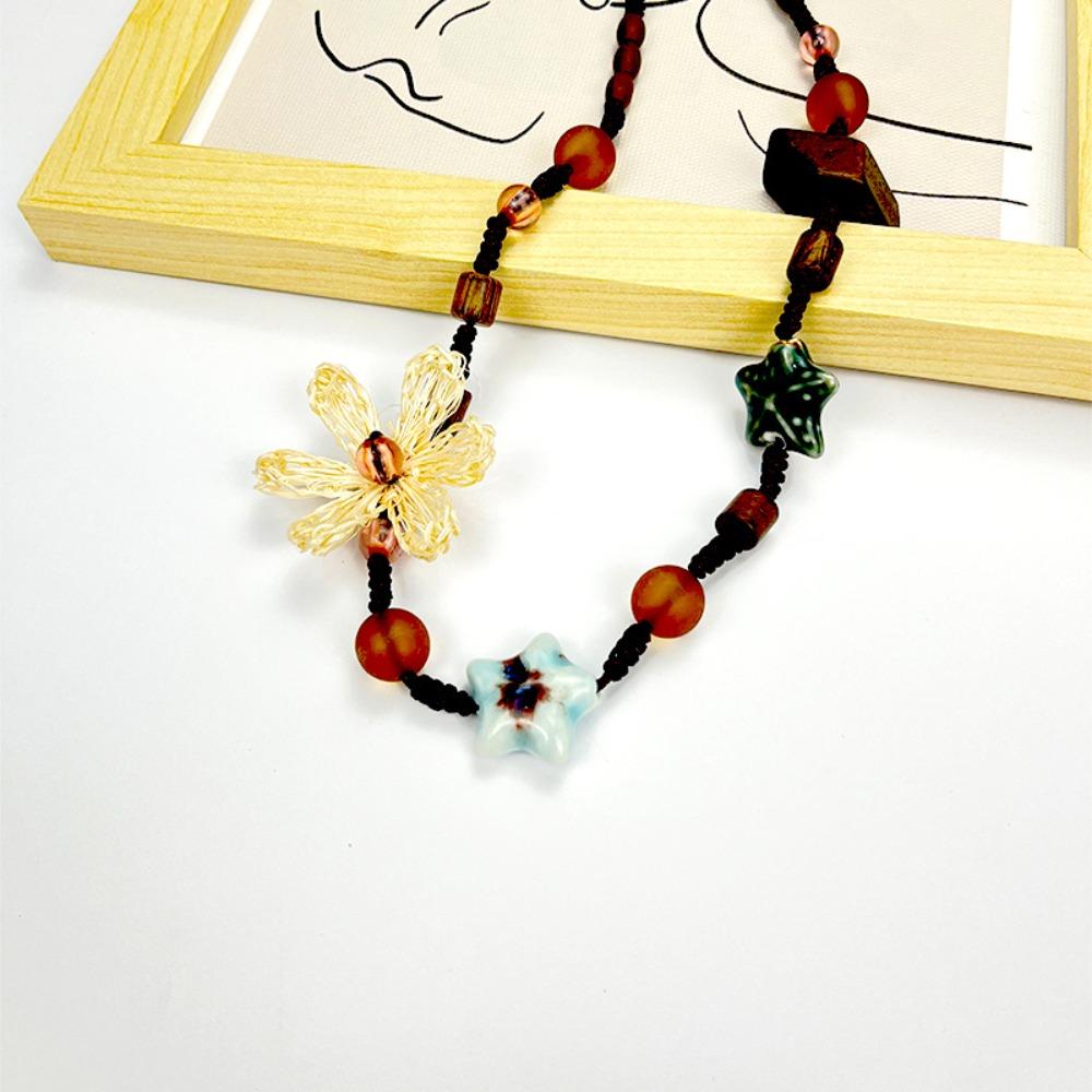 Ethnic Wooden Flower Necklace Vintage Star Pendant Necklace Trendy   Gift
