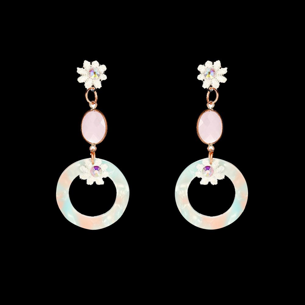 

Women Lady Geometric Ring Round Crystal Flower Dangles Earring Long Ear Stud