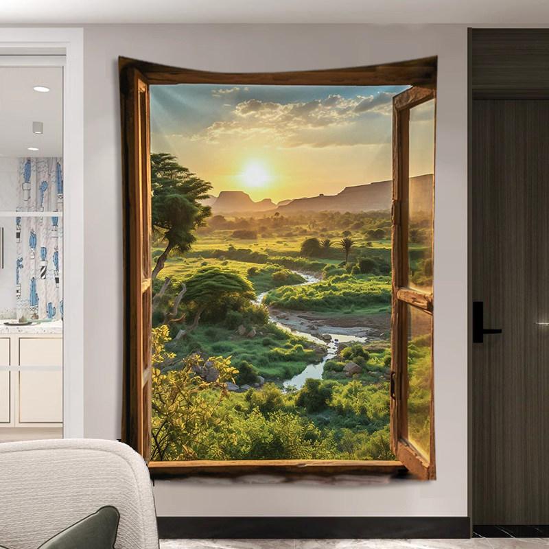 Window View Beach Tapestry Tropical Ocean Wall Hanging for Bedroom Living Room Dorm Vacation Aesthetic Home Decor