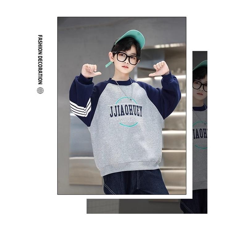 Boys' Fleece Lined Sweatshirt Winter Thick Warm Pullover Kids Contrast Color Raglan Sleeve Top