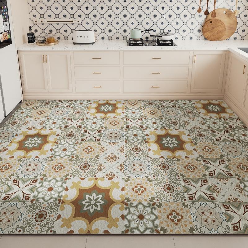 Large PVC Kitchen Floor Mat Waterproof Non-slip Green Rug Geometric Flower Design Home Decoration Rugs Durable Leather Carpet