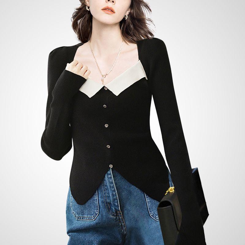 

French Style Contrast Color Slim Fit Niche Collar Sweater Knitwear Black XL