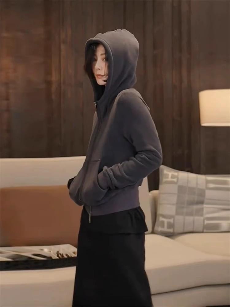 

Женский модный кардиган-куртка свободного кроя с капюшоном и двойной молнией - Петит, Коллекция Весна 2025 Large чёрный/серый