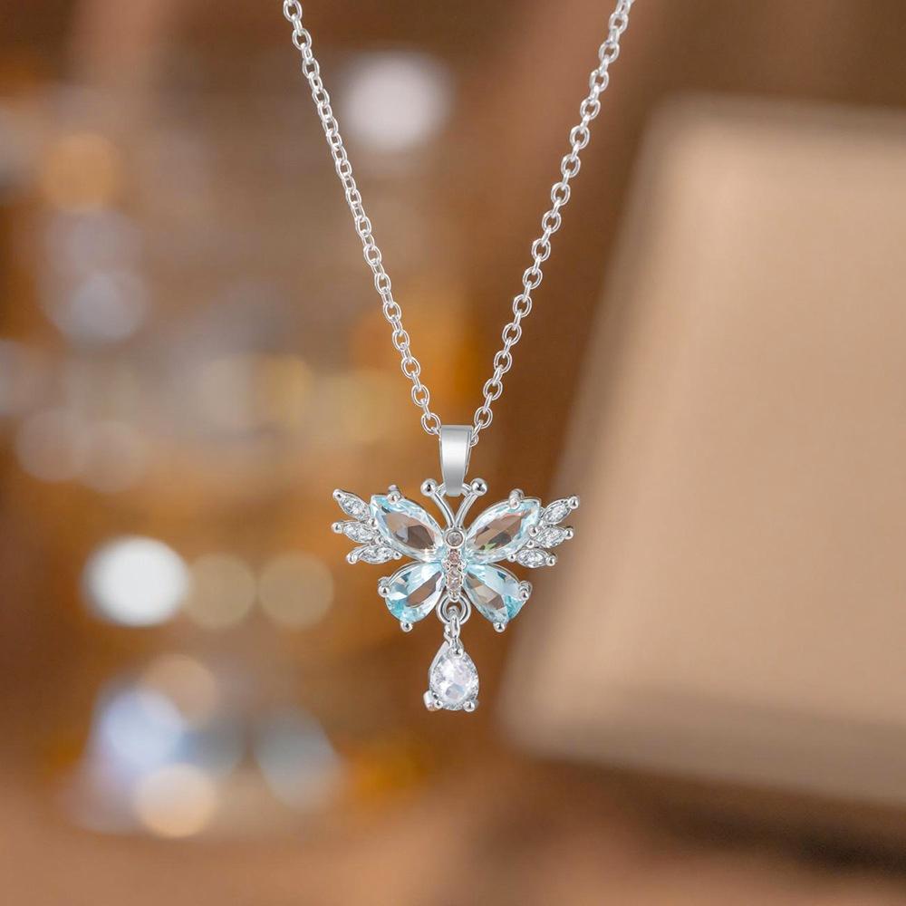 Animal Female White Pink Blue Zircon Stone Butterfly Water Drop Pendant Necklace Vintage Silver Color Wedding Jewelry For Women