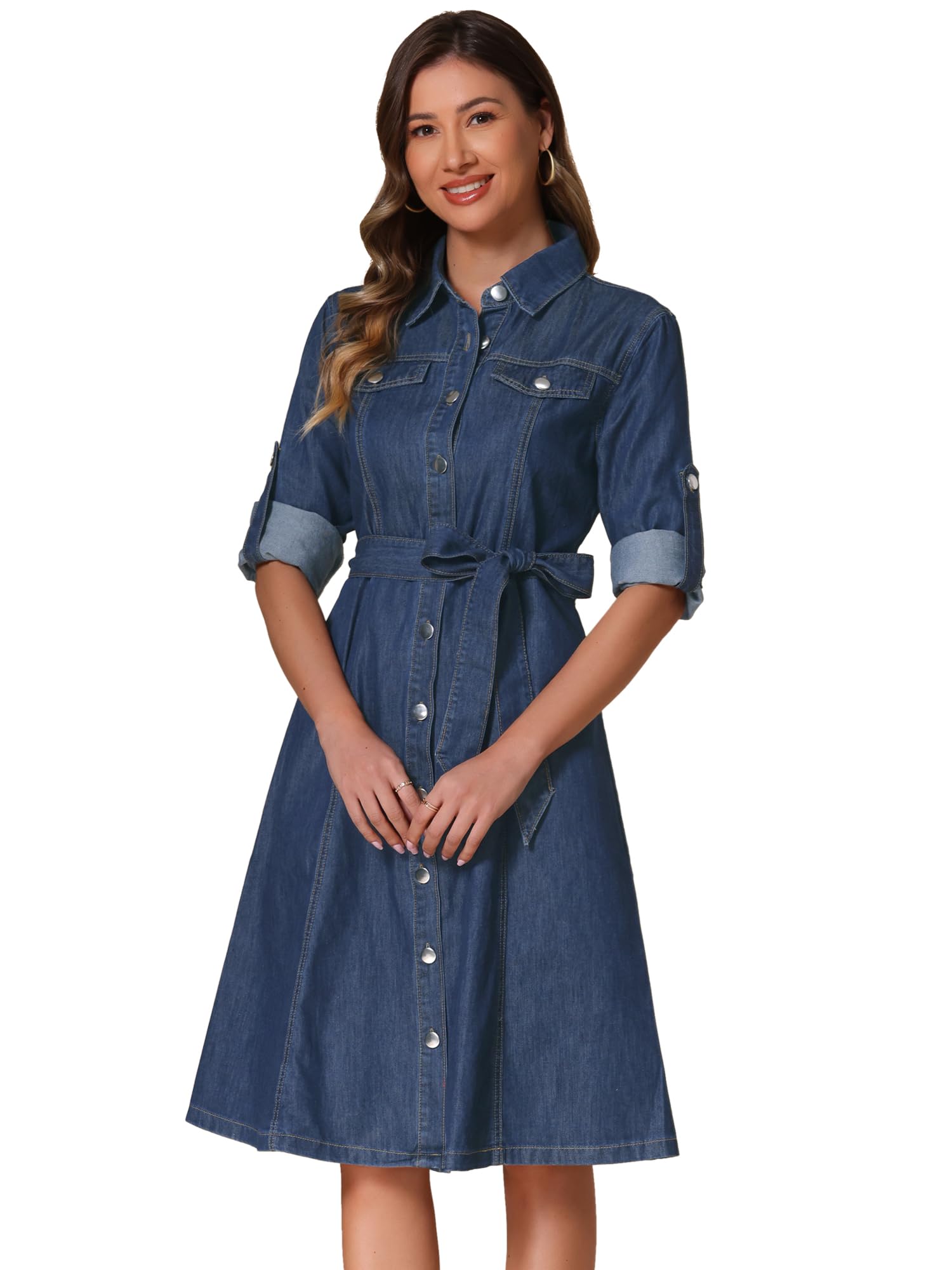 

Allegra K Women s Classic Denim Jeans Shirt Dress, Button-Down, Long Sleeves, Belted, Dark Blue, Size M