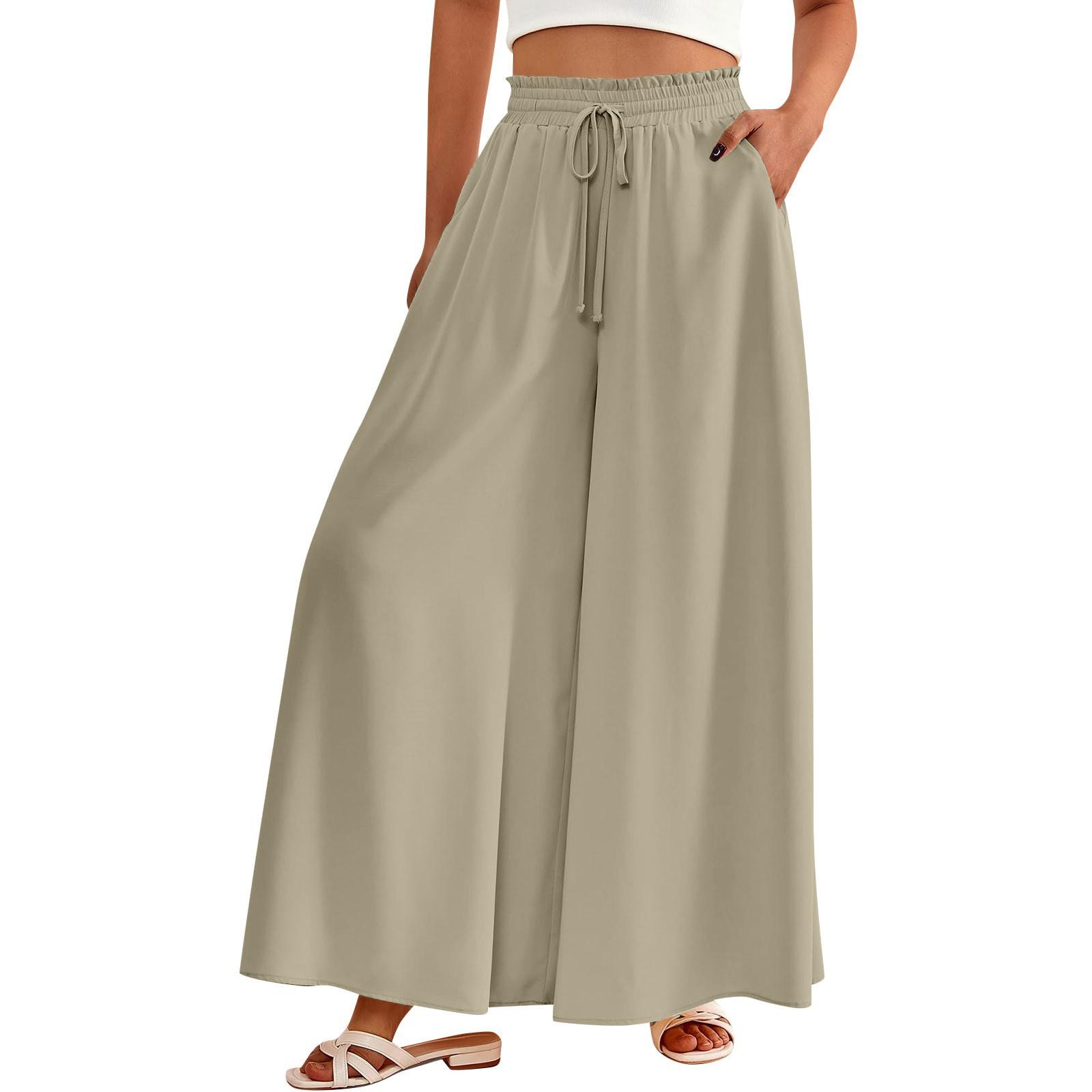 

Women High Waisted Wide Leg Pants Summer Casual Flowy Palazzo Pants Beach Trousers With Pocket M циан