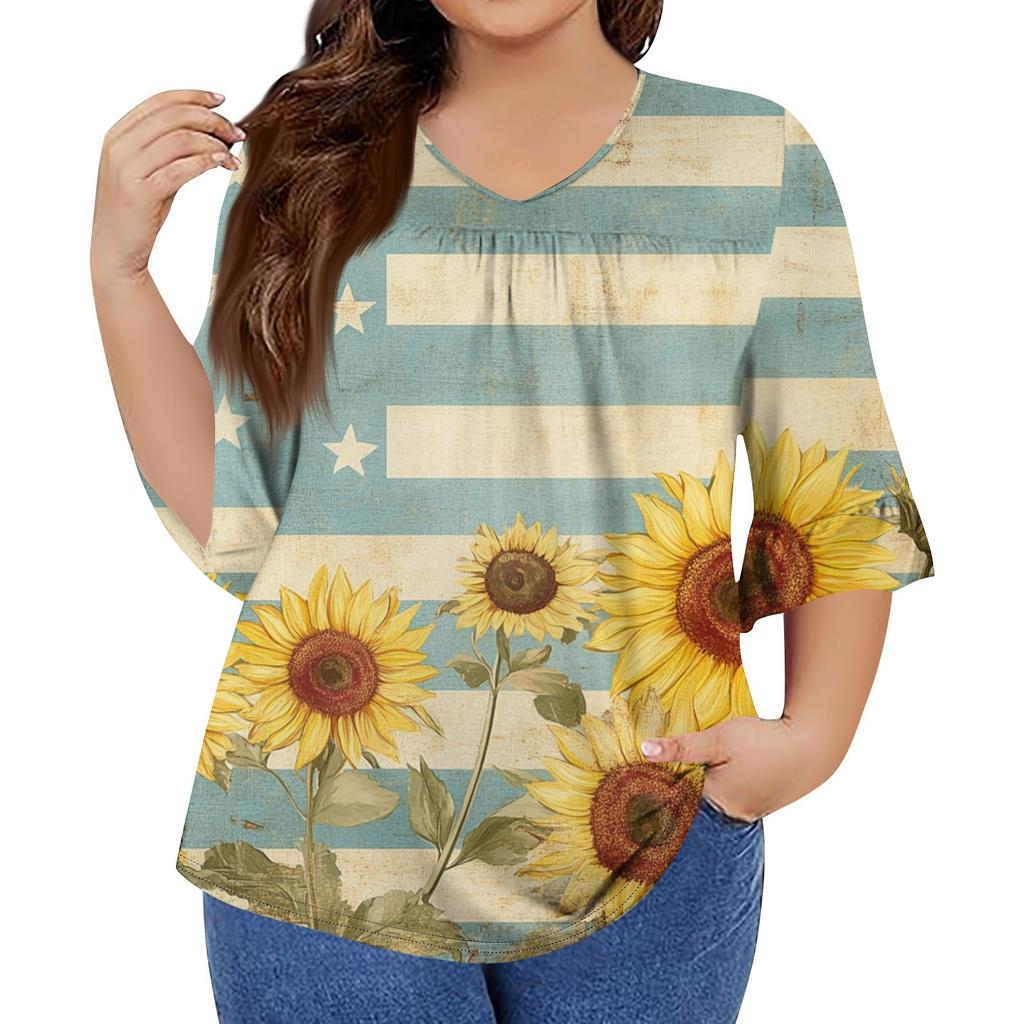 Women's Fashion Casual V-Neck Seven Sleeve Ruffle Sleeve Independence Day Printed T-Shirt Tops Plus Size Women's